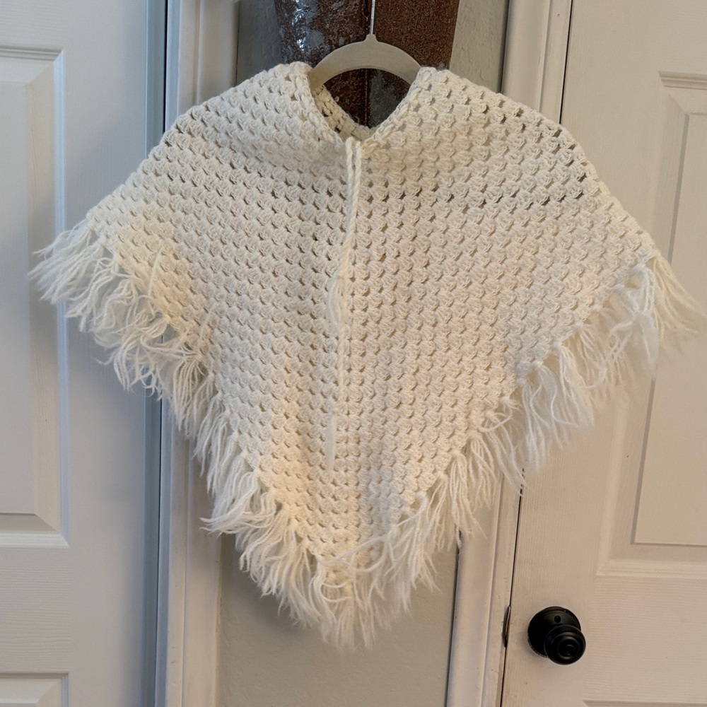 Cream Crochet Fringe Hooded Poncho